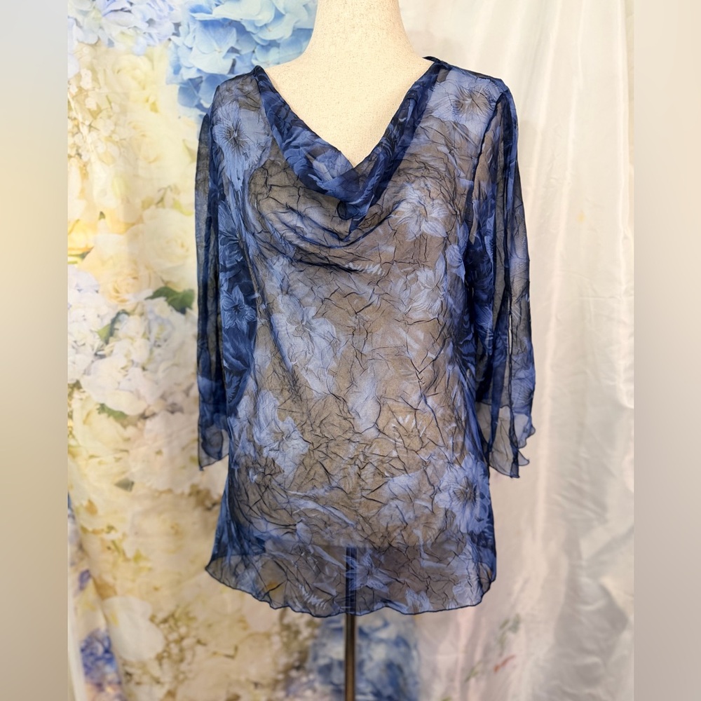 Picadilly Fashion Sheer Vibrant Blue Floral Blouse cowl neck split bell sleeve